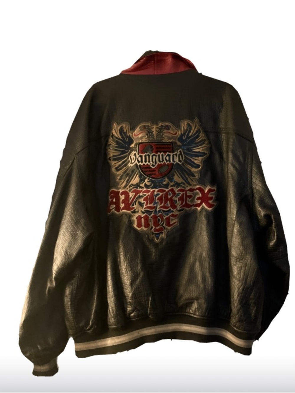 Vanguard Black Leather Bomber Jacket with Red Detail